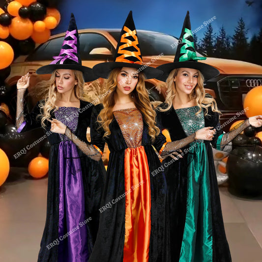 Halloween Dresses for women Witch Costume Sorceress Dress Lace Sleeves Spider Witch Dress Magic Hat Purple Gray Orange green K's Collection Store