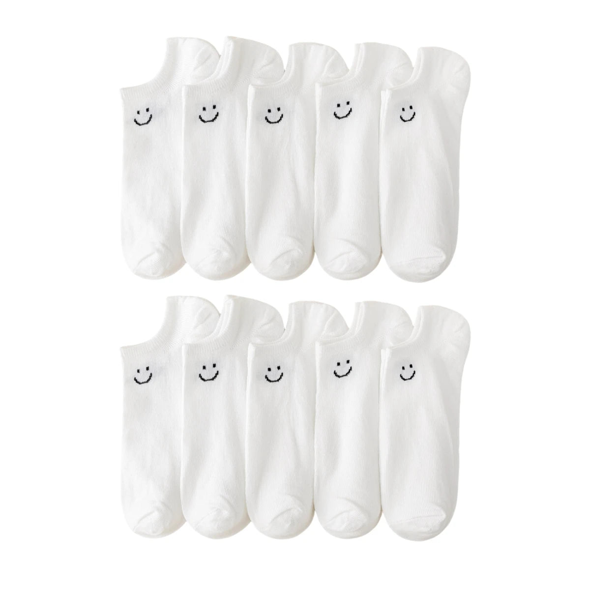 Women’s no-show socks multipack in white with small smiley face prints.
