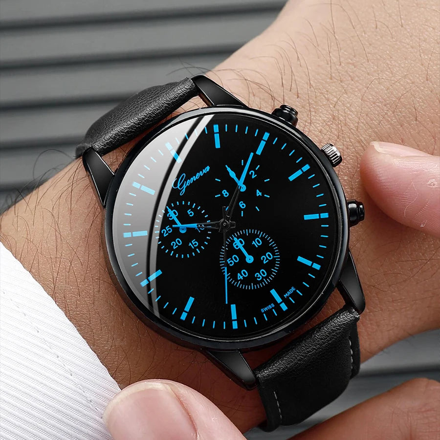 3PCS/Set Men Business Watches Casual Leather Band Analog Male's Quartz Watch Necklace Bracelet Set K's Collection Store