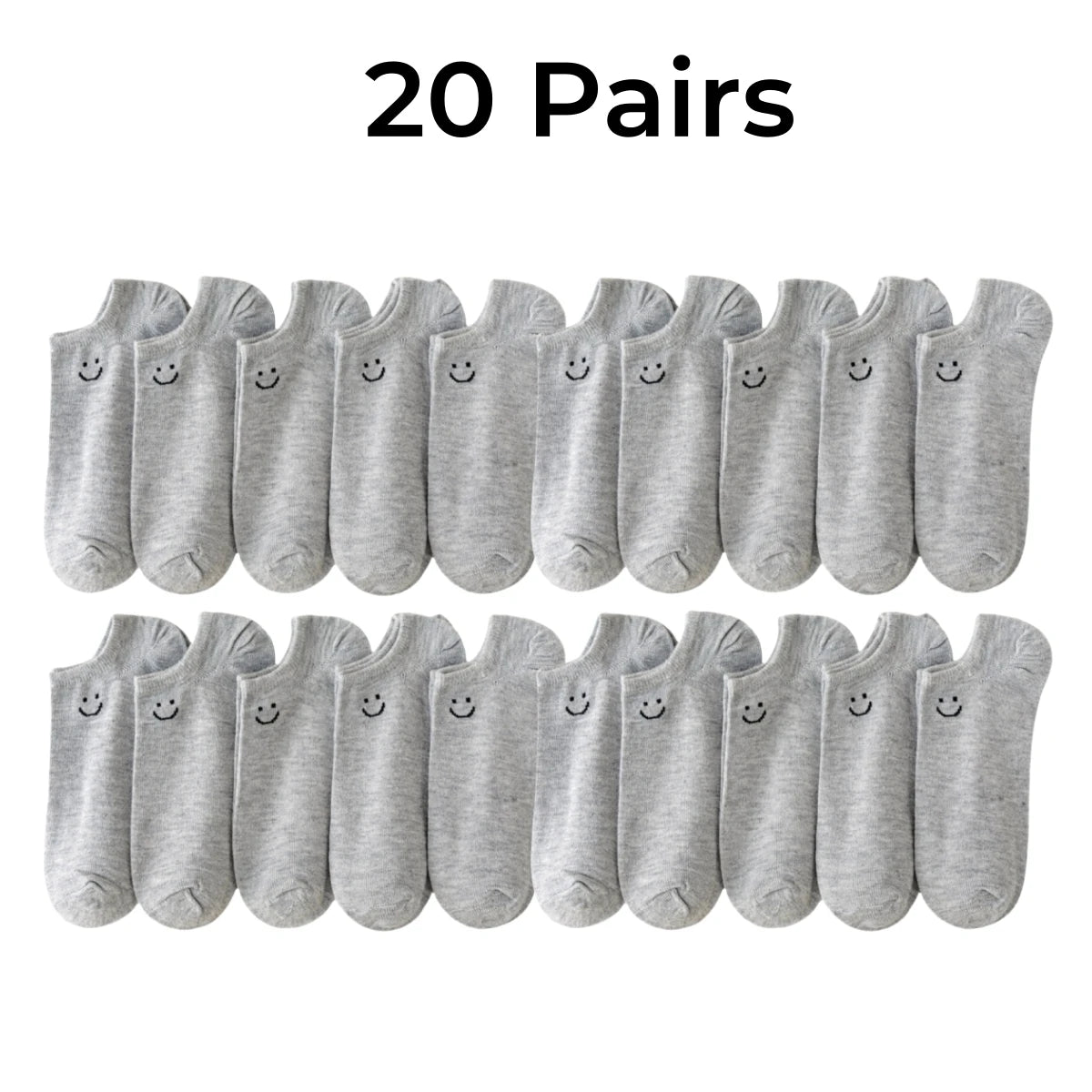Grey no-show ankle socks, 20 pairs, smiley face prints.