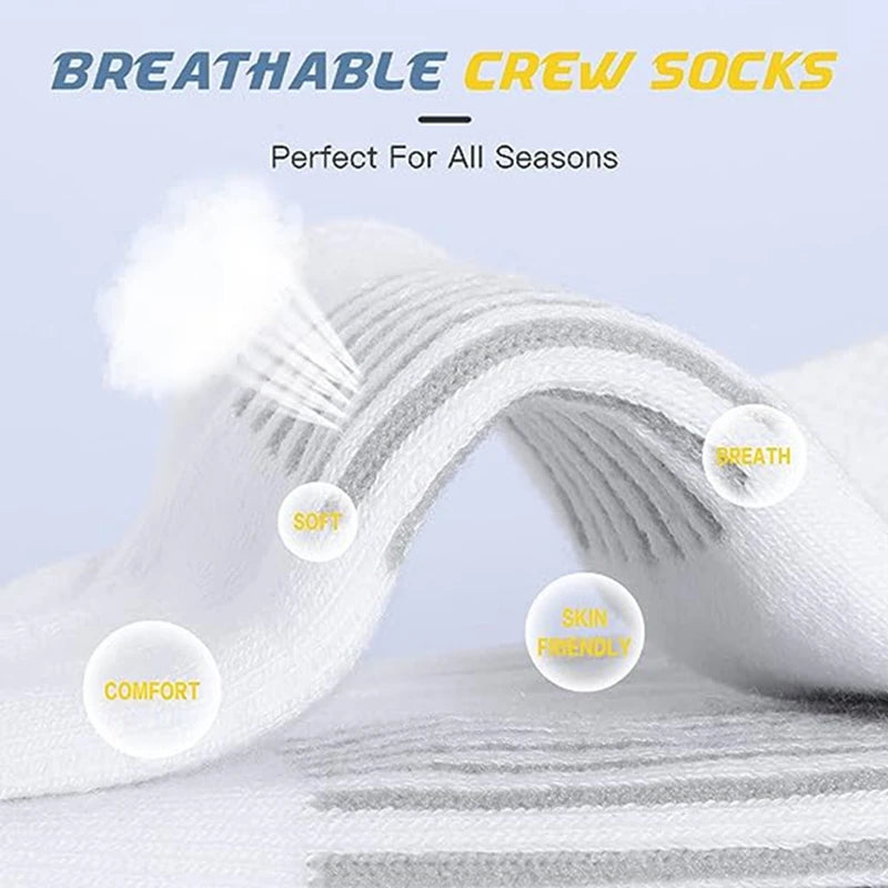 Men's breathable white crew socks with cushioned sole and gray toe areas