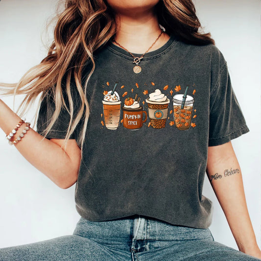 Charcoal coffee graphic T-shirt with fall drink illustrations, crew neck, short sleeves