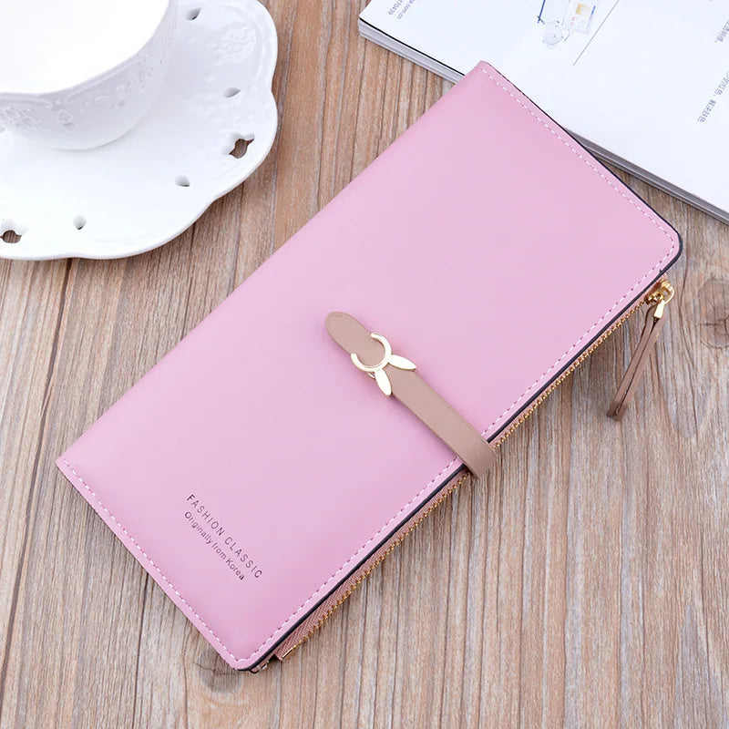 Long wallet purse, pink with flap and bow clasp, gold zipper hardware