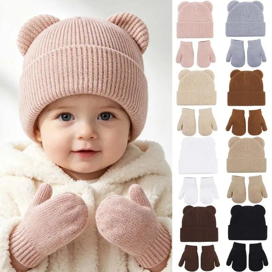 Winter Kids Hat Gloves Set Cute Bear Ear Beanie for Boys Girls Warm Kintted Earflap Hats Solid Color Mittens 6M-3Y K's Collection Store