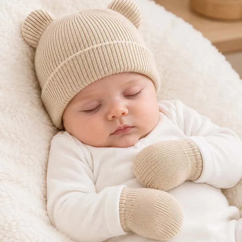 Winter Kids Hat Gloves Set Cute Bear Ear Beanie for Boys Girls Warm Kintted Earflap Hats Solid Color Mittens 6M-3Y K's Collection Store