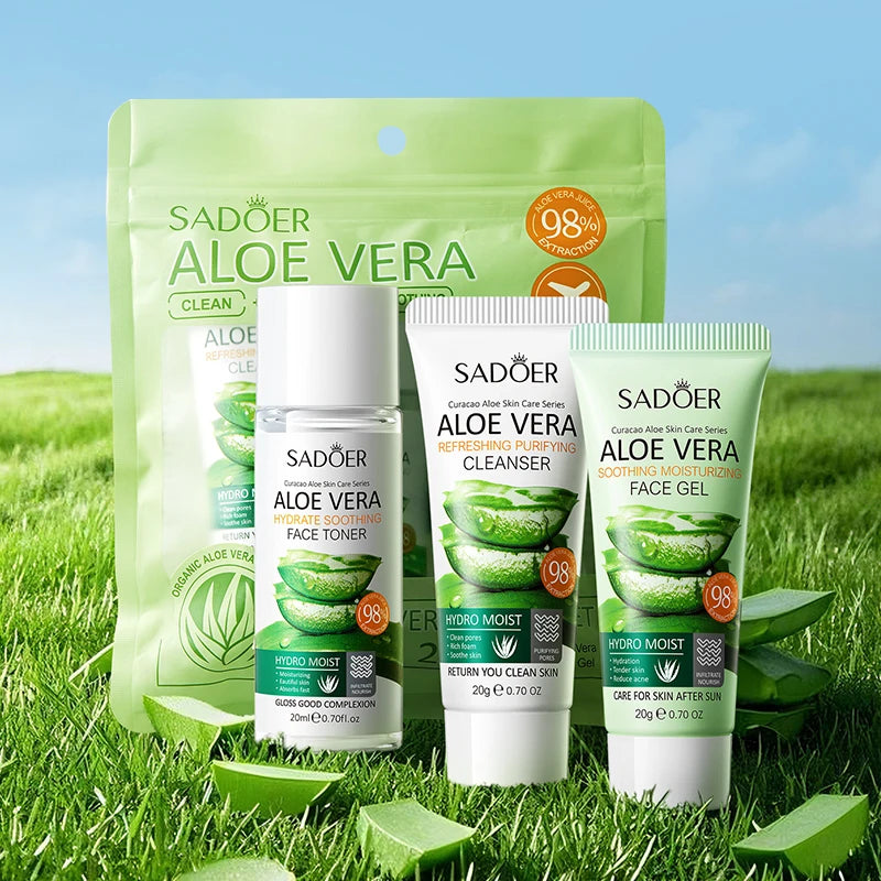 SADOER Aloe Vera facial care set pouch with cleanser bottle and two face gel tubes