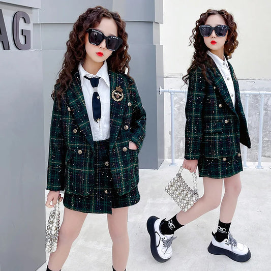 Girls 2-piece plaid blazer and culottes set with white shirt and bow tie, dark green