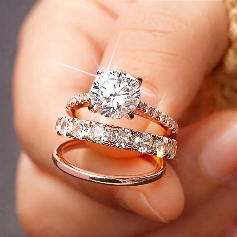Huitan Gorgeous 3Pcs Set of Rings Female Luxury Shiny Round Zirconia Finger Jewelry Fashion Gold Color Accessories for Wedding K's Collection Store
