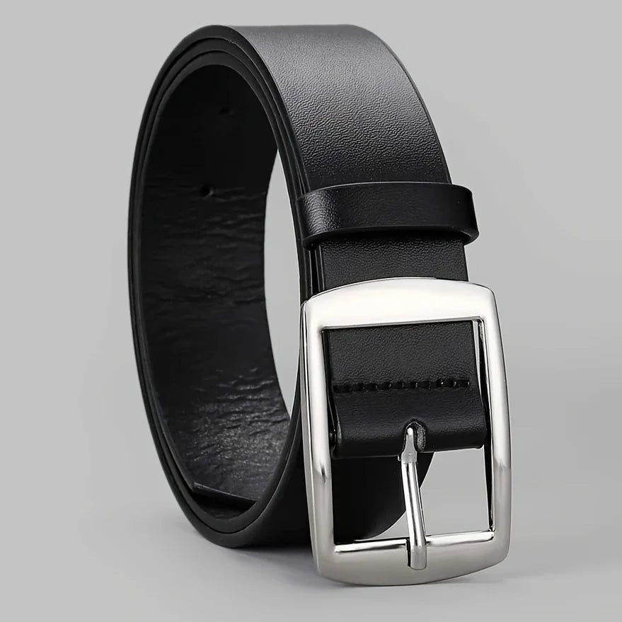 Men's PU leather belt in black with silver-tone square buckle and pin closure