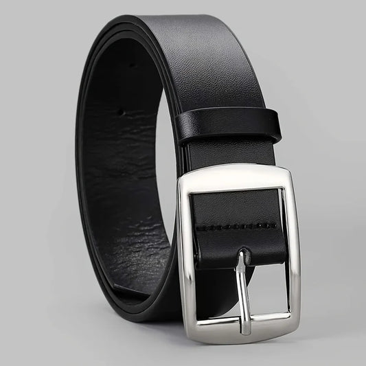 Men's PU leather belt in black with silver-tone square buckle and pin closure