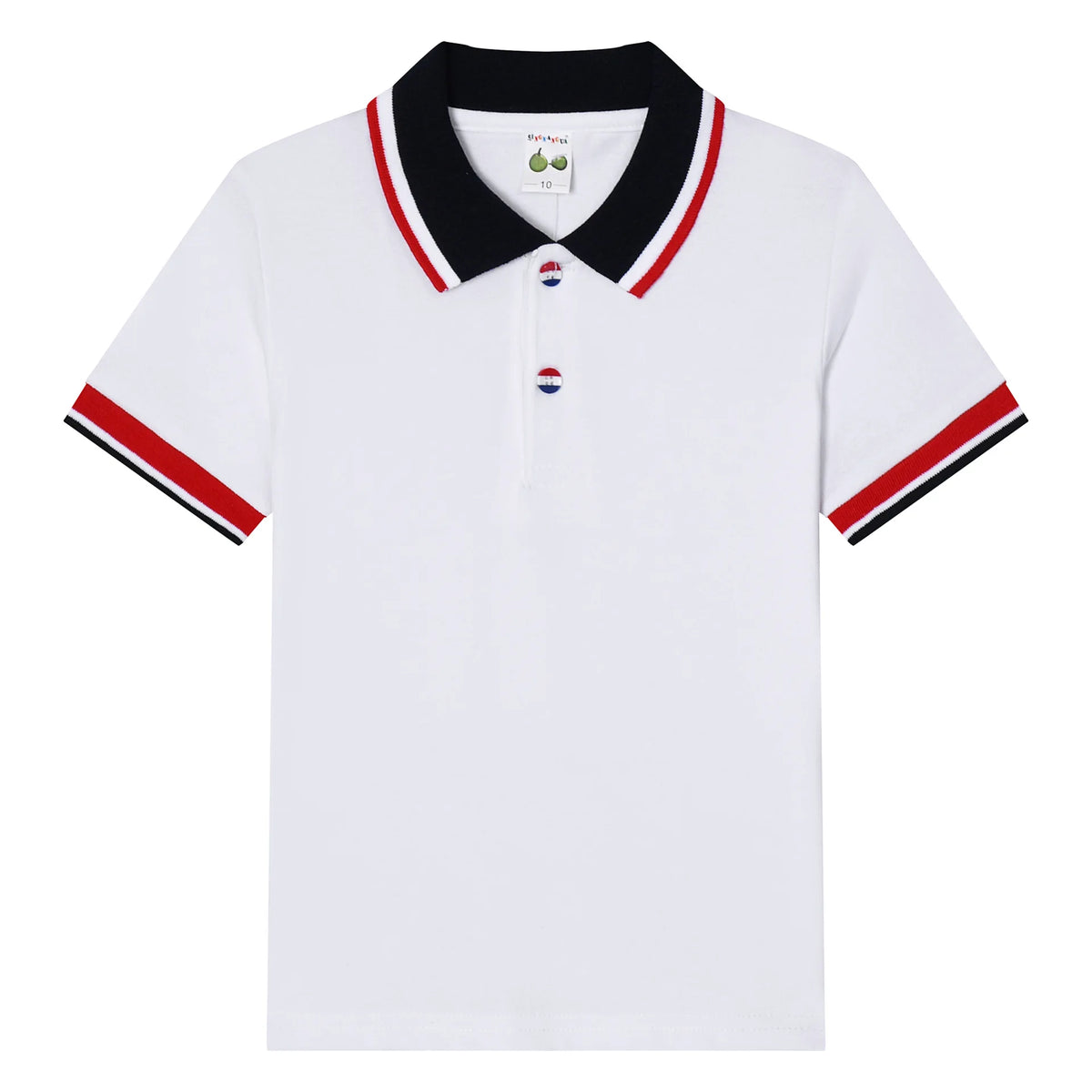 Boys short-sleeve polo shirt, white with black collar and red trim, small chest logo