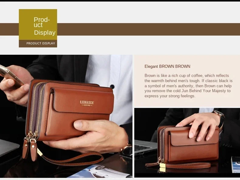 Brown leather wallet with double zippers, money-clip style front, and wrist strap