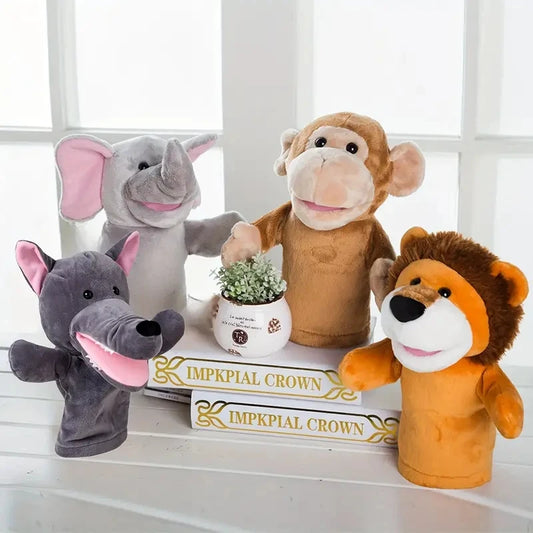 Set of plush animal hand puppets: lion, wolf, elephant, and monkey