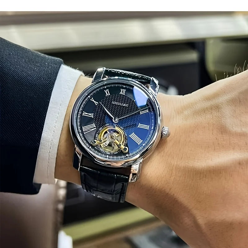 Men's automatic mechanical watch blue dial, gold-toned movement, black leather strap