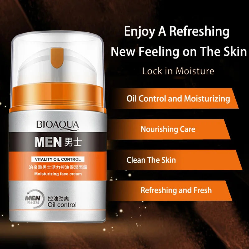 Men’s oil control face cream bottle with orange band, front label visible