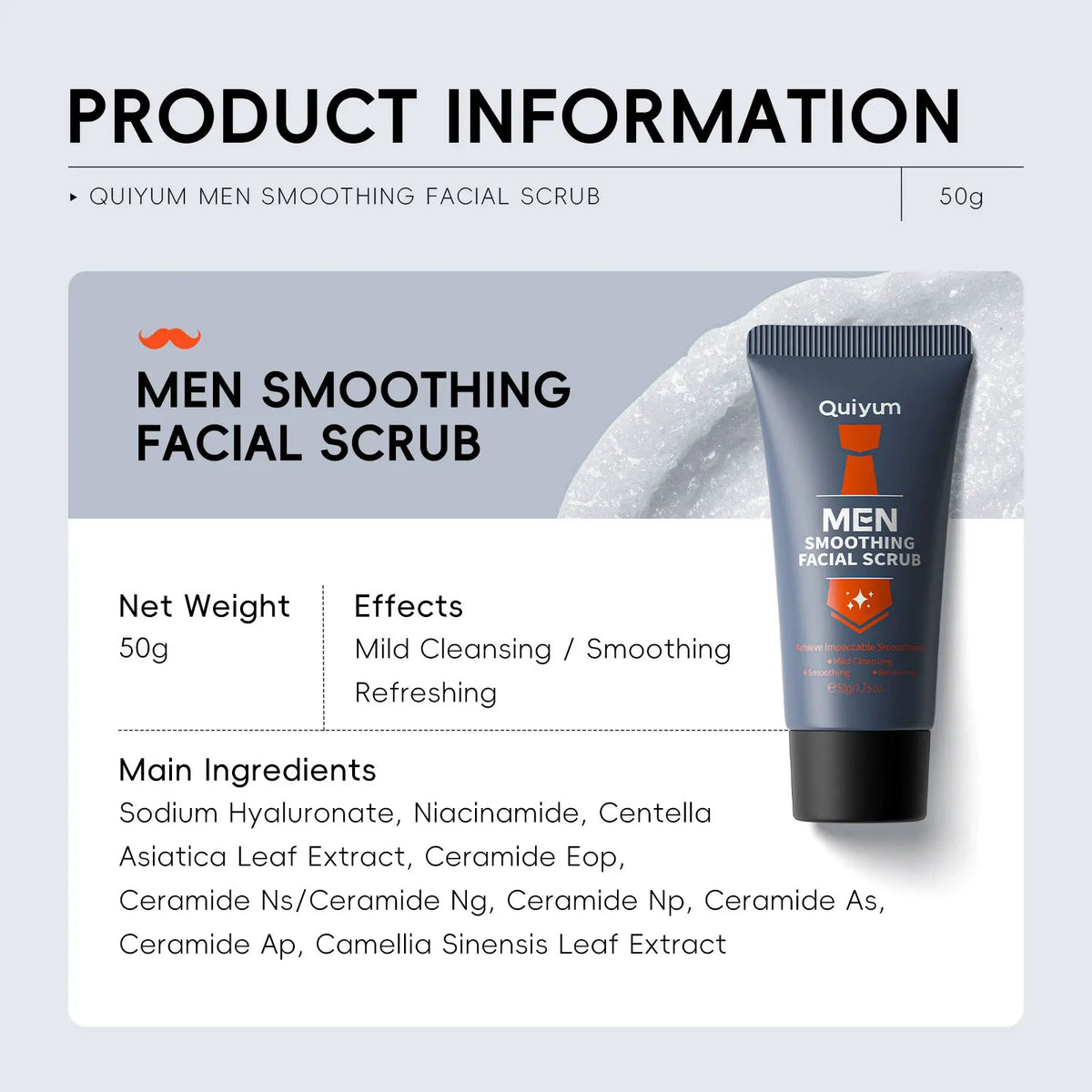 Quiyum MEN smoothing facial scrub 50 g tube with product information panel