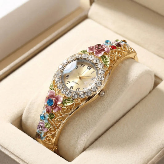 Luxury Woman Watches Retro Elegant Flower Diamond Stainless Steel Quartz Wristwatches Fashion Ladies Clock Gift Montre Femme K's Collection Store