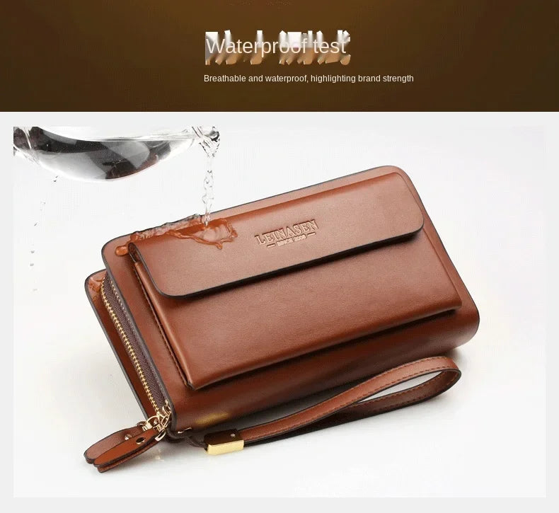 Brown wallet clutch with double zippers and money clip, shown with water splashes