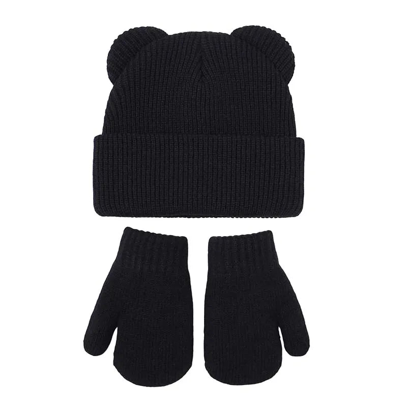 Winter Kids Hat Gloves Set Cute Bear Ear Beanie for Boys Girls Warm Kintted Earflap Hats Solid Color Mittens 6M-3Y K's Collection Store