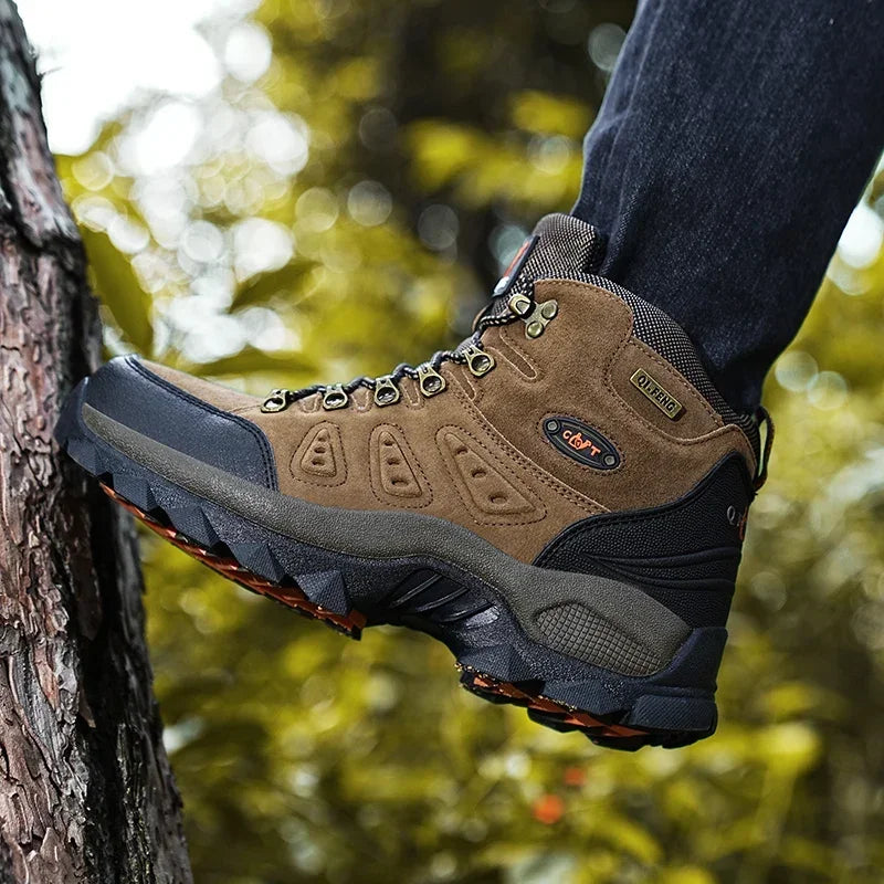 High-top adventure sneaker in brown and black, lace-up design with grippy tread