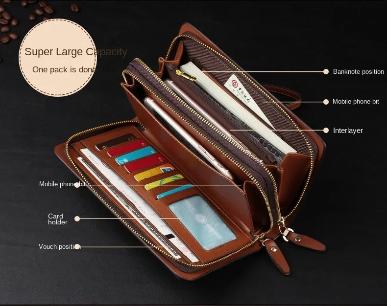Brown double-zip wallet clutch interior with card slots and cash compartments