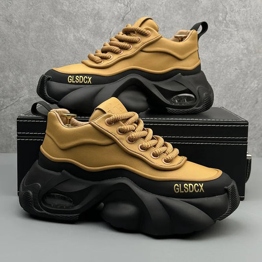 Tan/black lace-up platform sneakers with chunky sole and GLSDCX logo