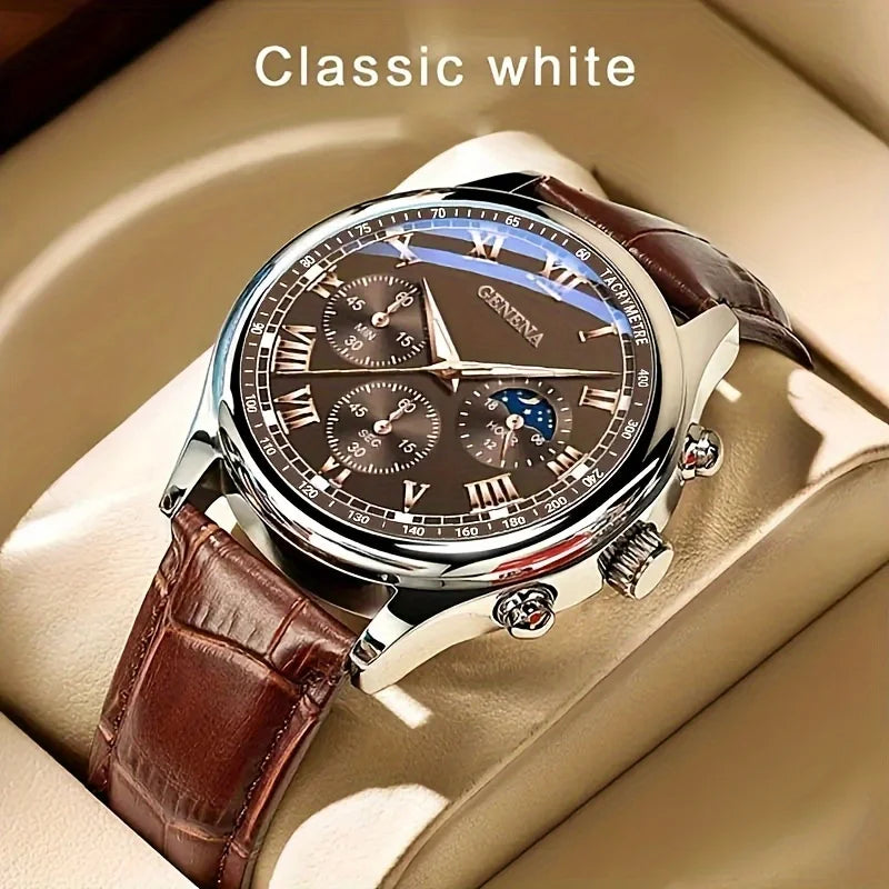 GENEVA High Quality Men's Luxury Belt Fashion Quartz Watch Men Round Business Student Sport Waterproof Glow Clock K's Collection Store