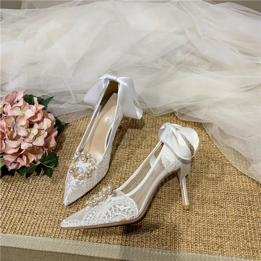 White Heels French Dress Wedding Shoes Lace Bridesmaid Shoes White Pointed High Heels Women's Stiletto Design Bridal Shoes K's Collection Store