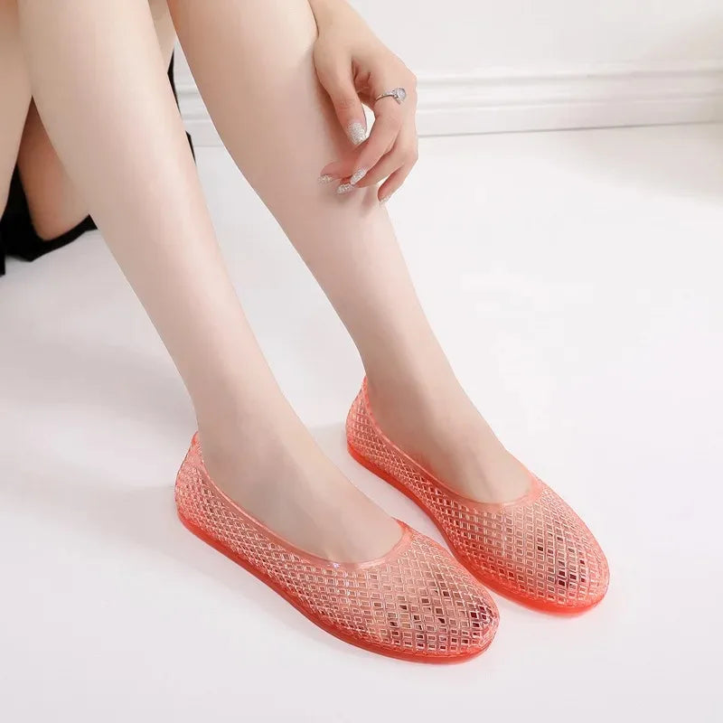Coral-orange jelly shoes, mesh lattice slip-on flats