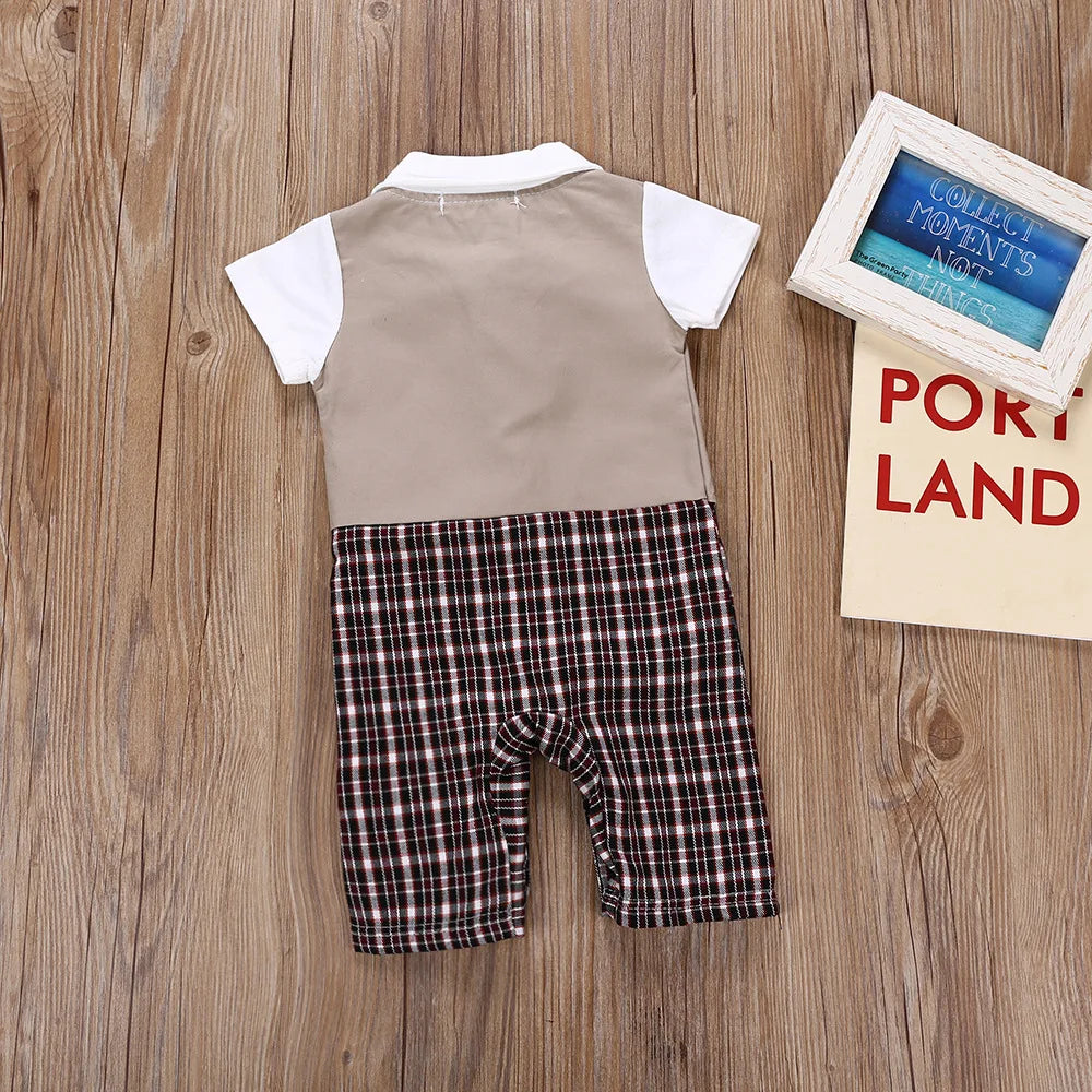 Infant boys’ gentleman suit romper with khaki back vest and plaid shorts