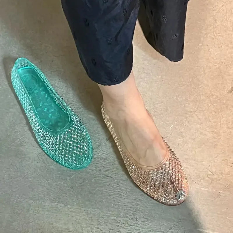 Pair of jelly shoes in teal and champagne-gold mesh lattice flats