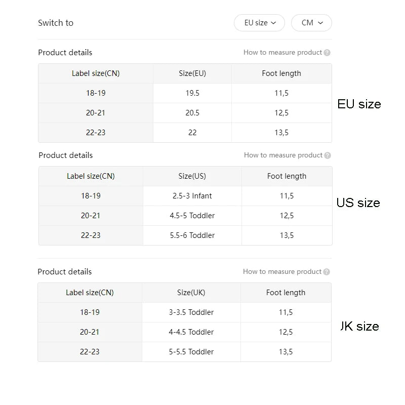 Toddler sandal sizing chart with EU, US, and UK foot length measurements
