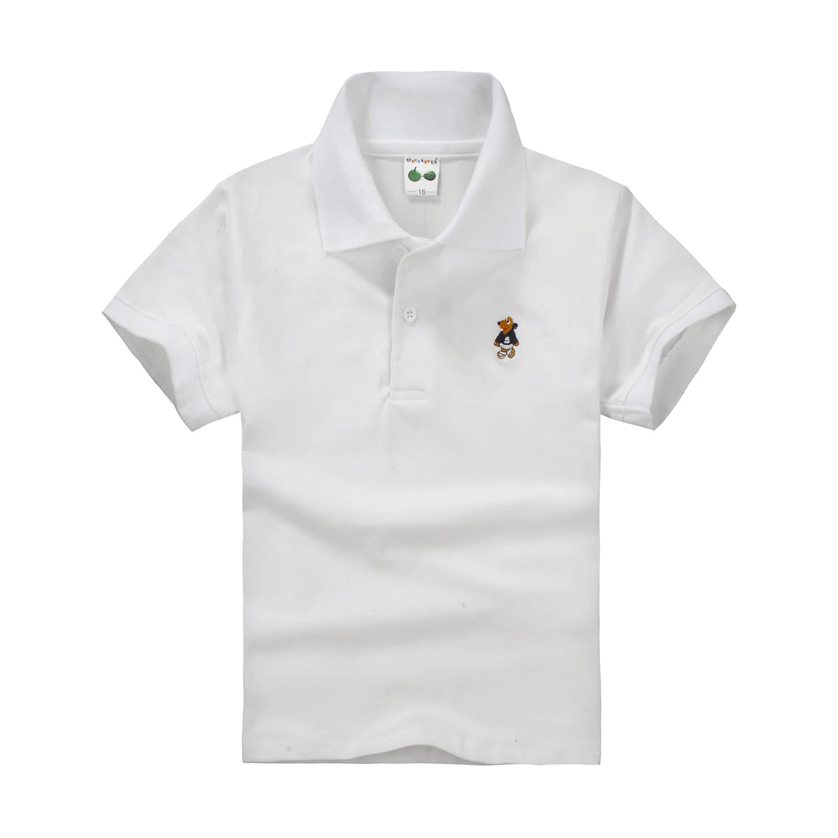 Boys white short-sleeve polo shirt with small cartoon chest logo