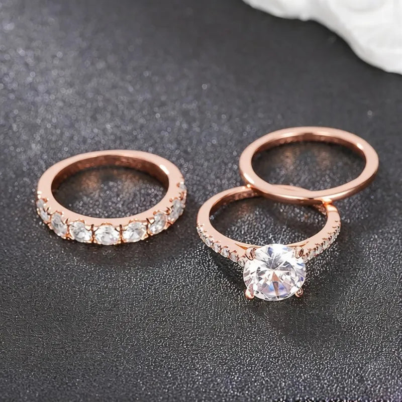 Huitan Gorgeous 3Pcs Set of Rings Female Luxury Shiny Round Zirconia Finger Jewelry Fashion Gold Color Accessories for Wedding K's Collection Store