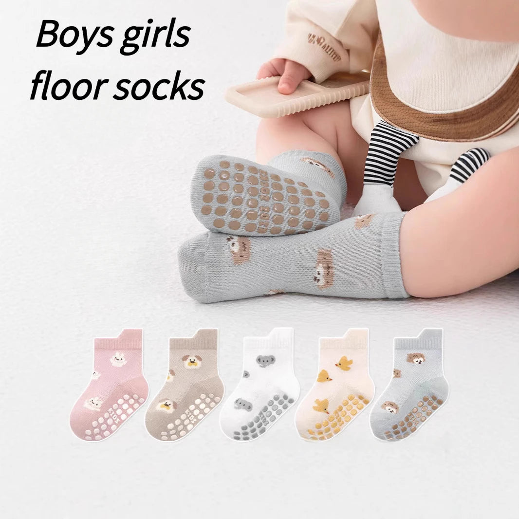 Non-slip baby floor socks, mixed colors, animal prints with grippy dots