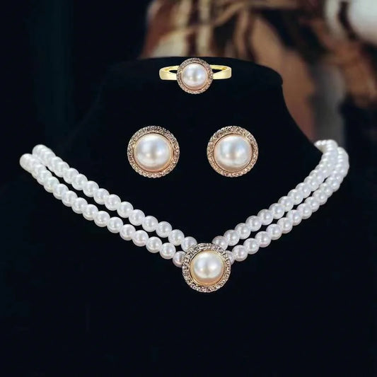 Elegant Big White Imitation Pearl Necklace Earring Ring Jewelry Set Crystal Jewelry Fashion Wedding Bridal Accessory Set Gifts K's Collection Store