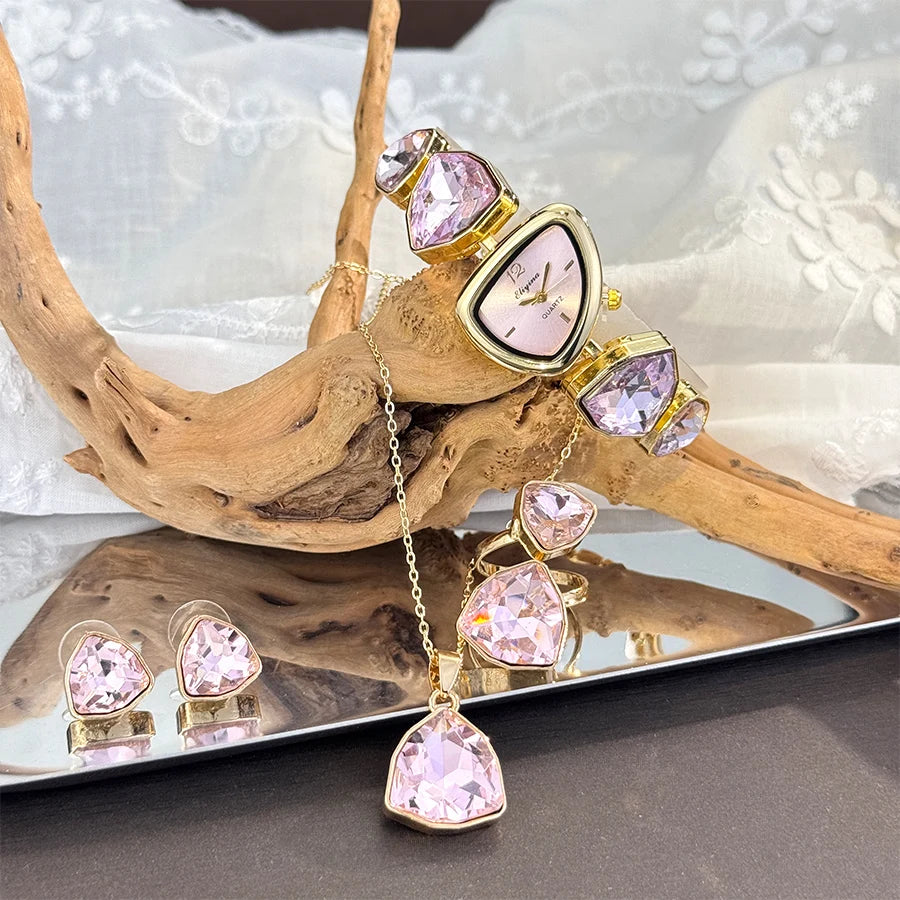 Luxury Ladies Quartz Watch  Colorful Diamond Irregular Shape Necklace Ring Earrings Jewelry Set Four-Piece Gift Set Trendsetter K's Collection Store
