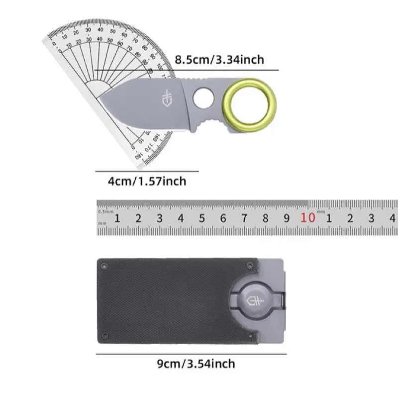 Pocket knife size diagram showing key ring, blade, and overall measurements