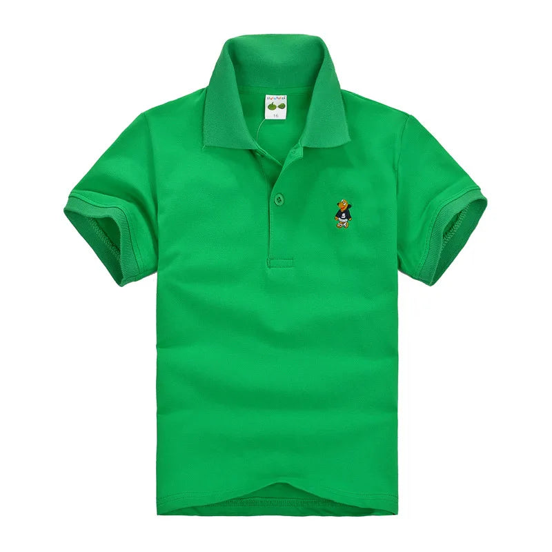 Boys short-sleeve polo shirt, green with button placket and small chest logo