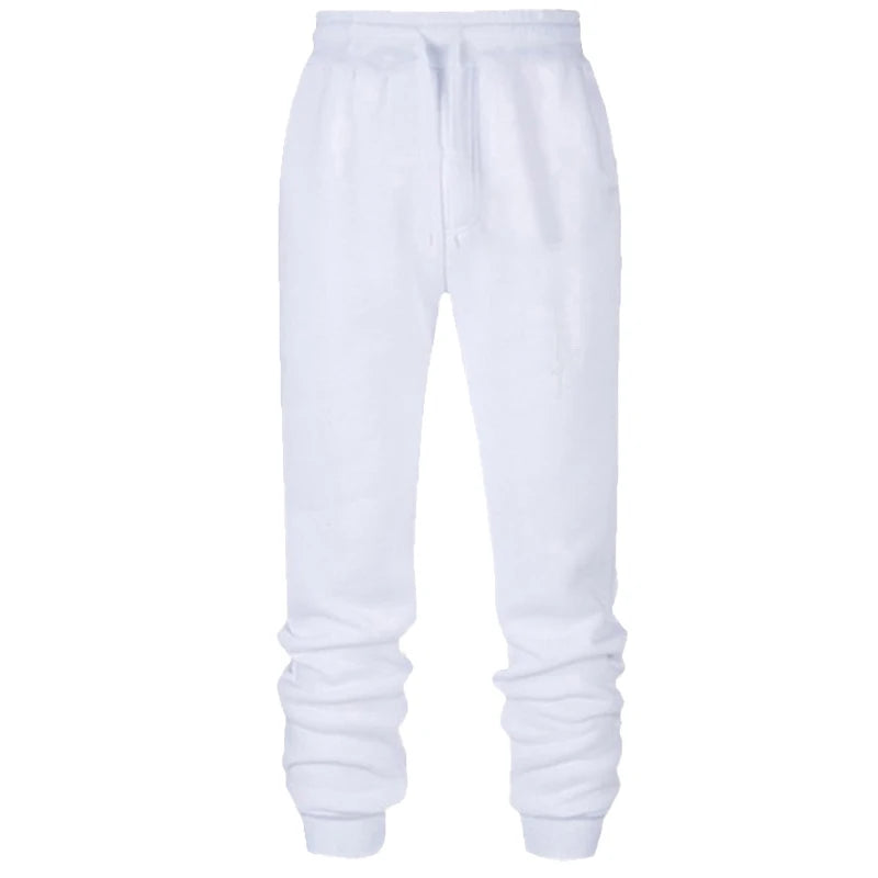 Men's slim fit white jogger sweatpants with drawstring and ribbed ankle cuffs