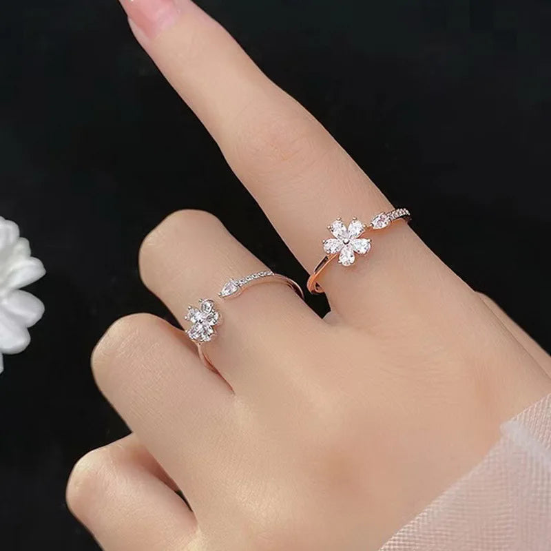 Luxury Zircon Flower Opening Rings for Women Cubic Zirconia Rose Cherry Blossom Tulip Adjustable Finger Ring Wedding Jewelry K's Collection Store