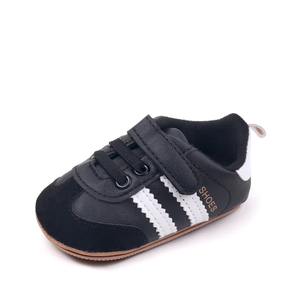 Baby first walker sneaker, black/dark navy upper with white side stripes and brown sole