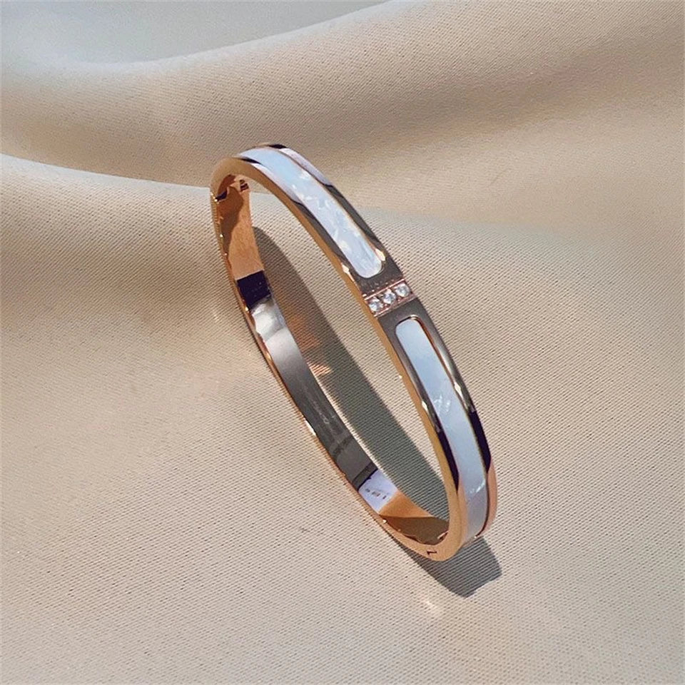Yupsk Titanium Steel Gold Color Shell Zircon Open Bracelet Bangles Luxury Sparkling CZ Waterproof Jewelry K's Collection Store