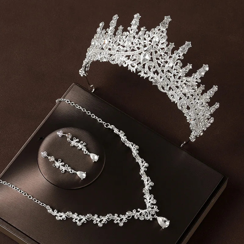 Bridal Wedding Jewelry 4-piece Set, Alloy Crystal Crown&Crystal Necklace&Earrings Women's Classic Wedding Tiaras K's Collection Store