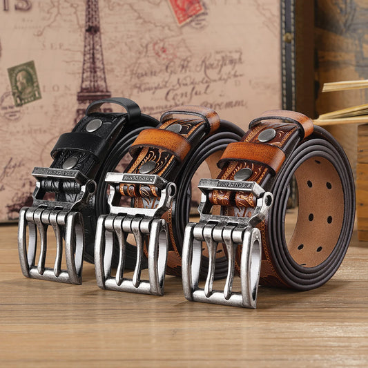 Mens leather belt set with vintage alloy buckle, dark brown and black finishes, patterned strap.