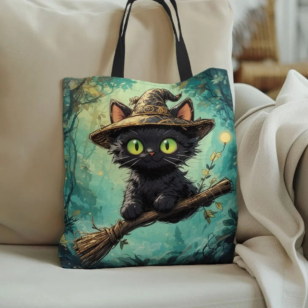 1pc Halloween Witch Cat Tote Bag  Reusable Grocery Handbag with Witch Hat Polyester Shopping Holiday Festivities Shoulder Bag K's Collection Store