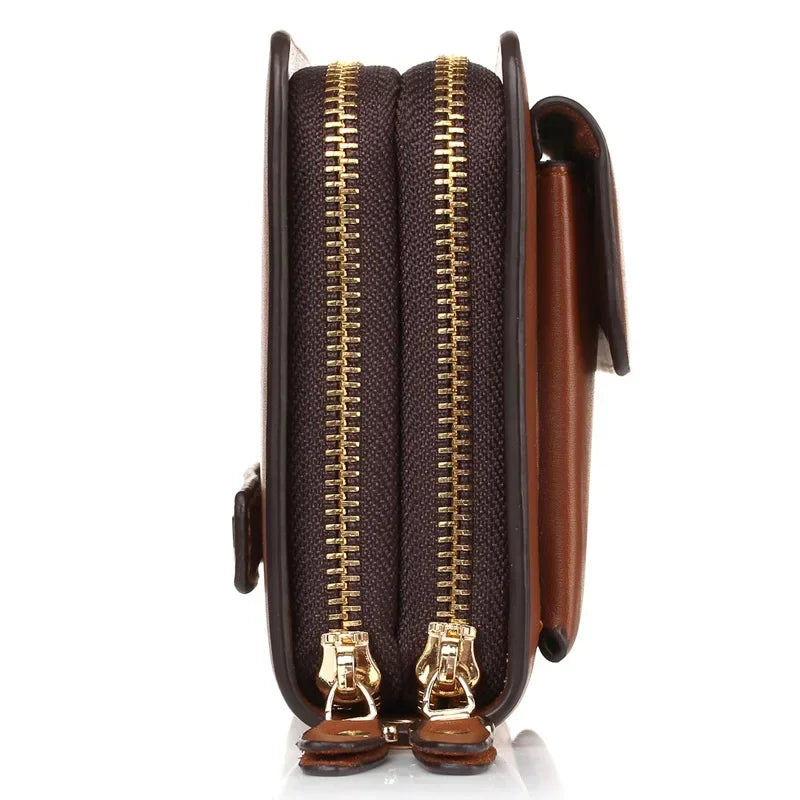 Opened wallet clutch showing two zipper compartments and slim interior pockets