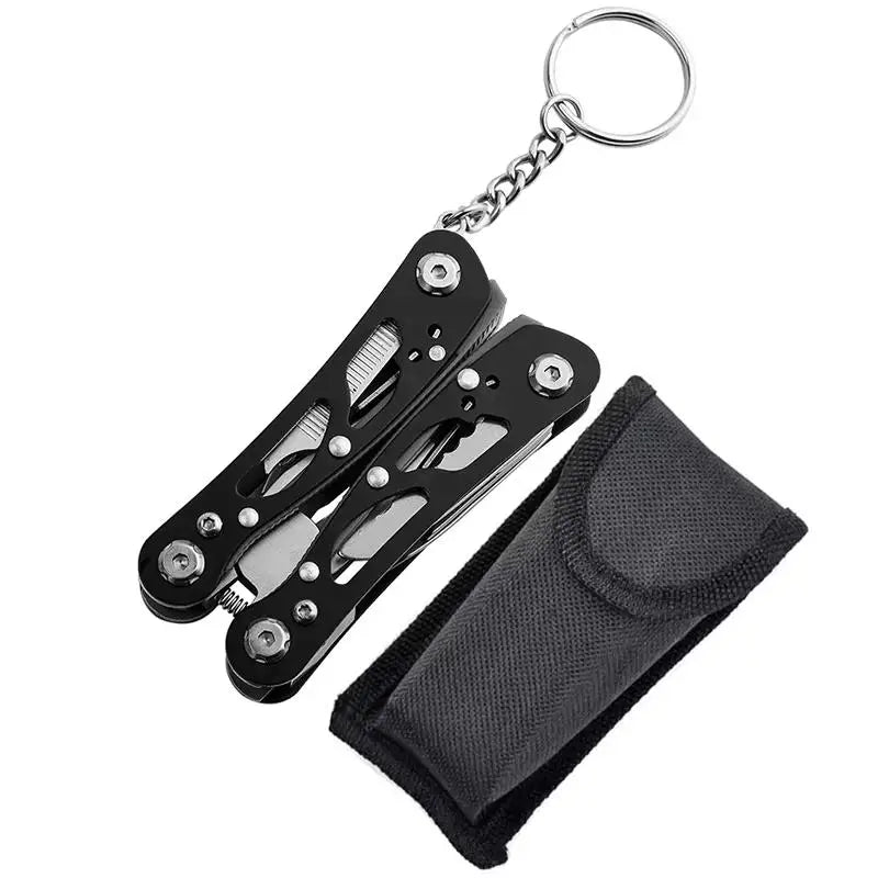 Black multi-tool folding pocket knife with pliers and fabric storage pouch