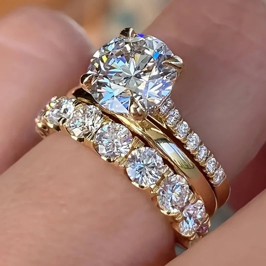 Huitan Gorgeous 3Pcs Set of Rings Female Luxury Shiny Round Zirconia Finger Jewelry Fashion Gold Color Accessories for Wedding K's Collection Store