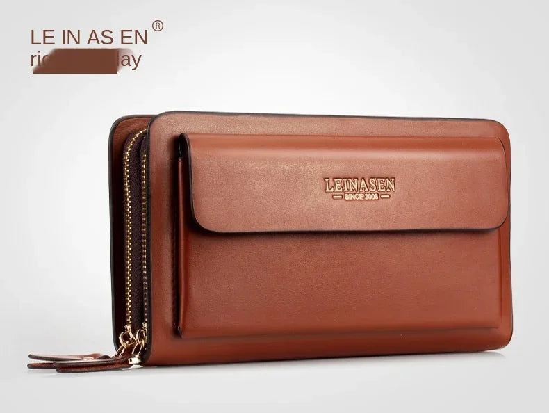 Brown leather wallet side view with front flap and double zipper tracks
